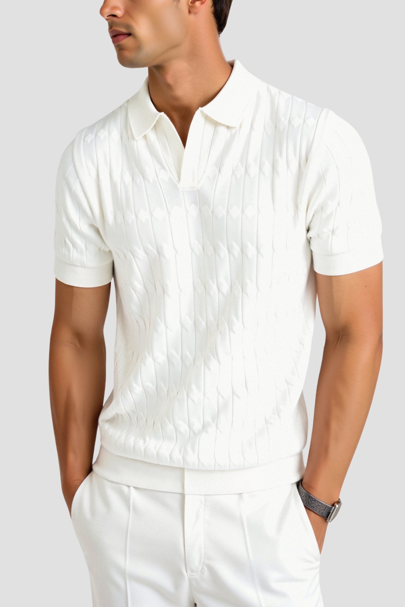SECRET WEALTH | Premium V-Neck Cable Knit Polo