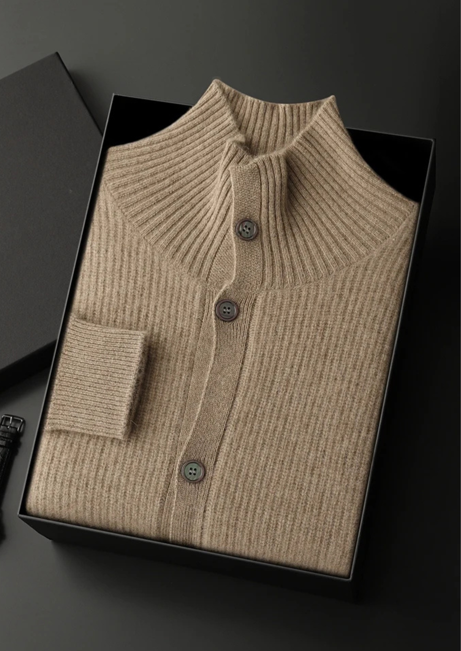 SECRET WEALTH | 100% CASHMERE RIBBED HIGH COLLAR CARDIGAN